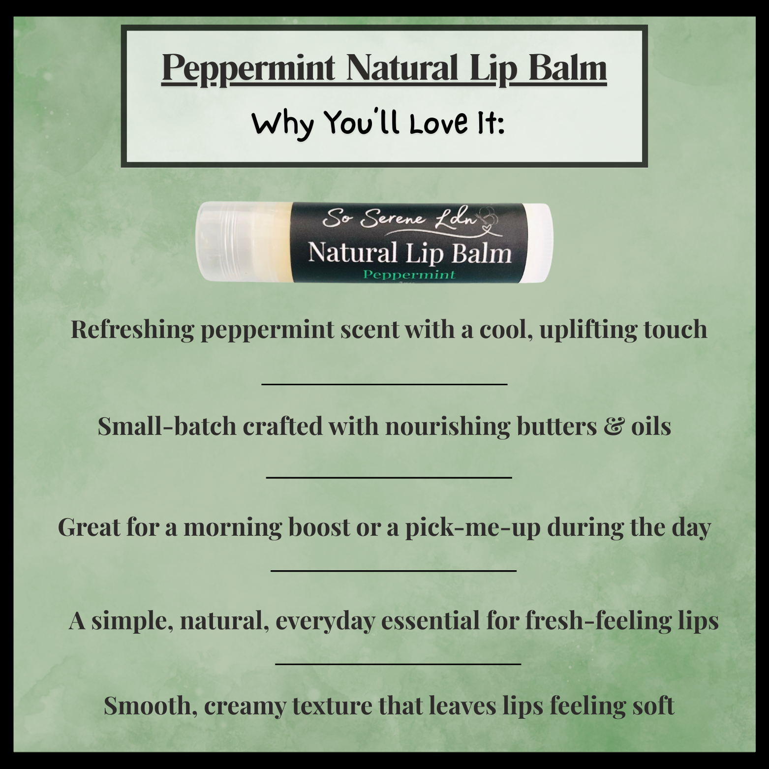 Peppermint natural lip balm with product description on a green background