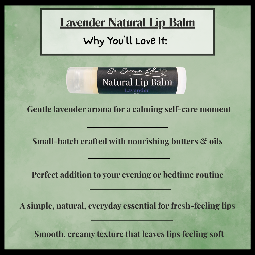 Lavender natural lip balm with product description on a green background