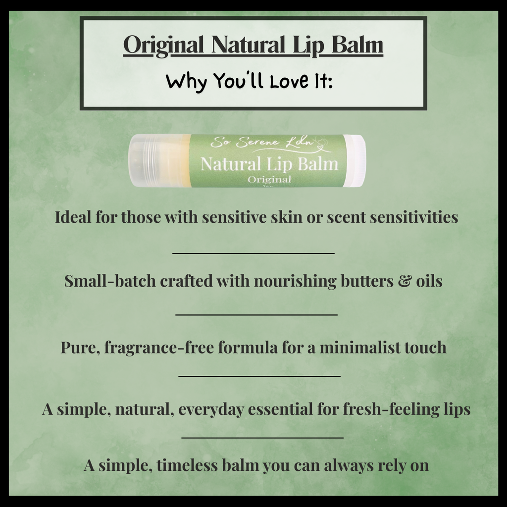 Advertisement for Original Natural Lip Balm with product image and benefits listed on a green background.