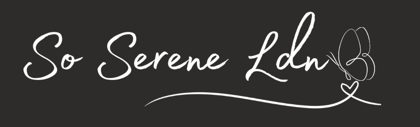 Brand logo 'So Serene Ldn' with a decorative element on a black background