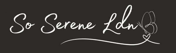 Brand logo 'So Serene Ldn' with a decorative element on a black background