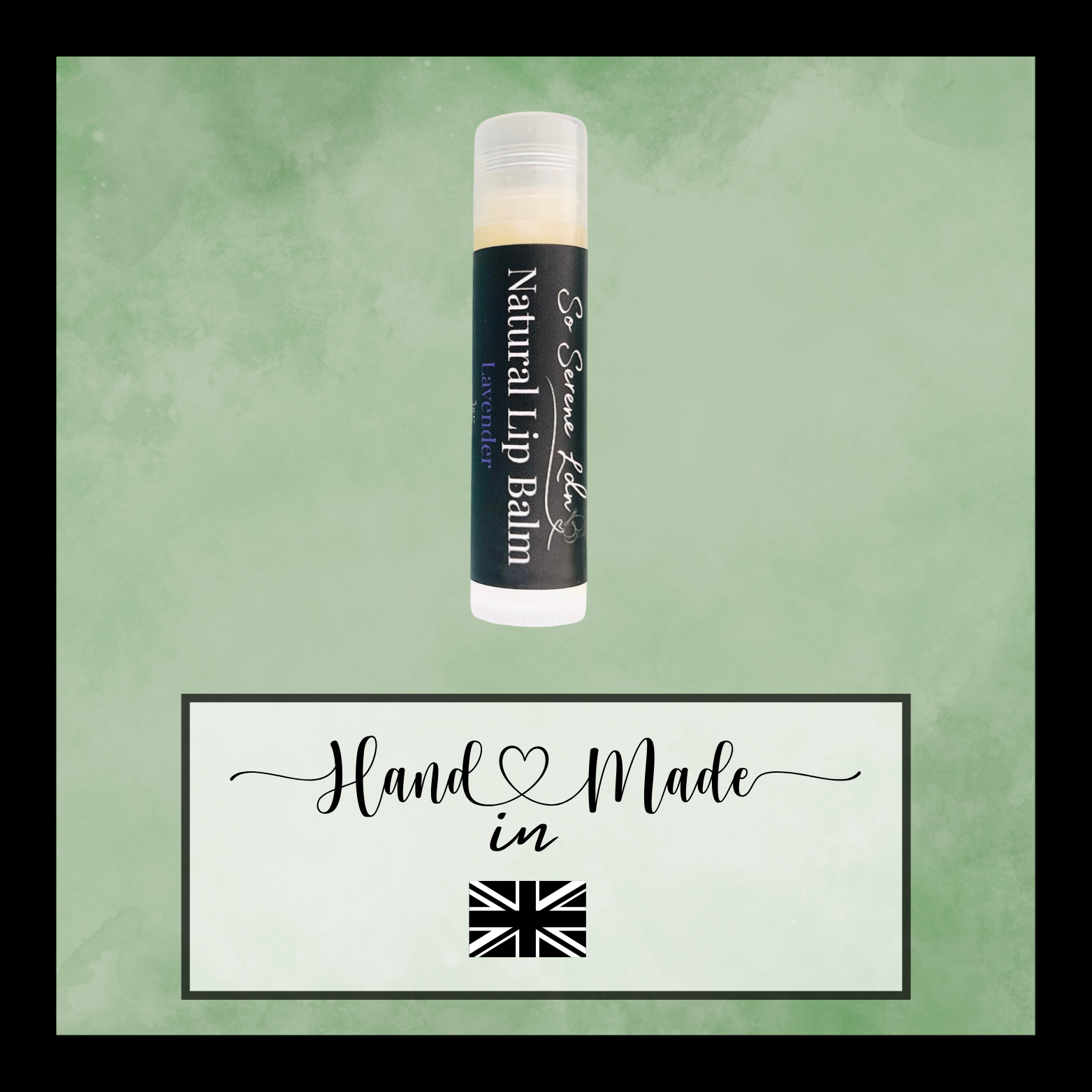 Lip balm with a label on a green background, featuring 'Hand Made in' text and a British flag.