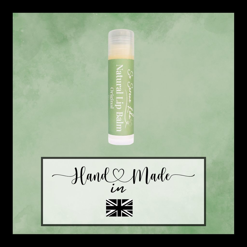 Lip balm with green packaging on a light green background, featuring 'Hand Made in UK' text.