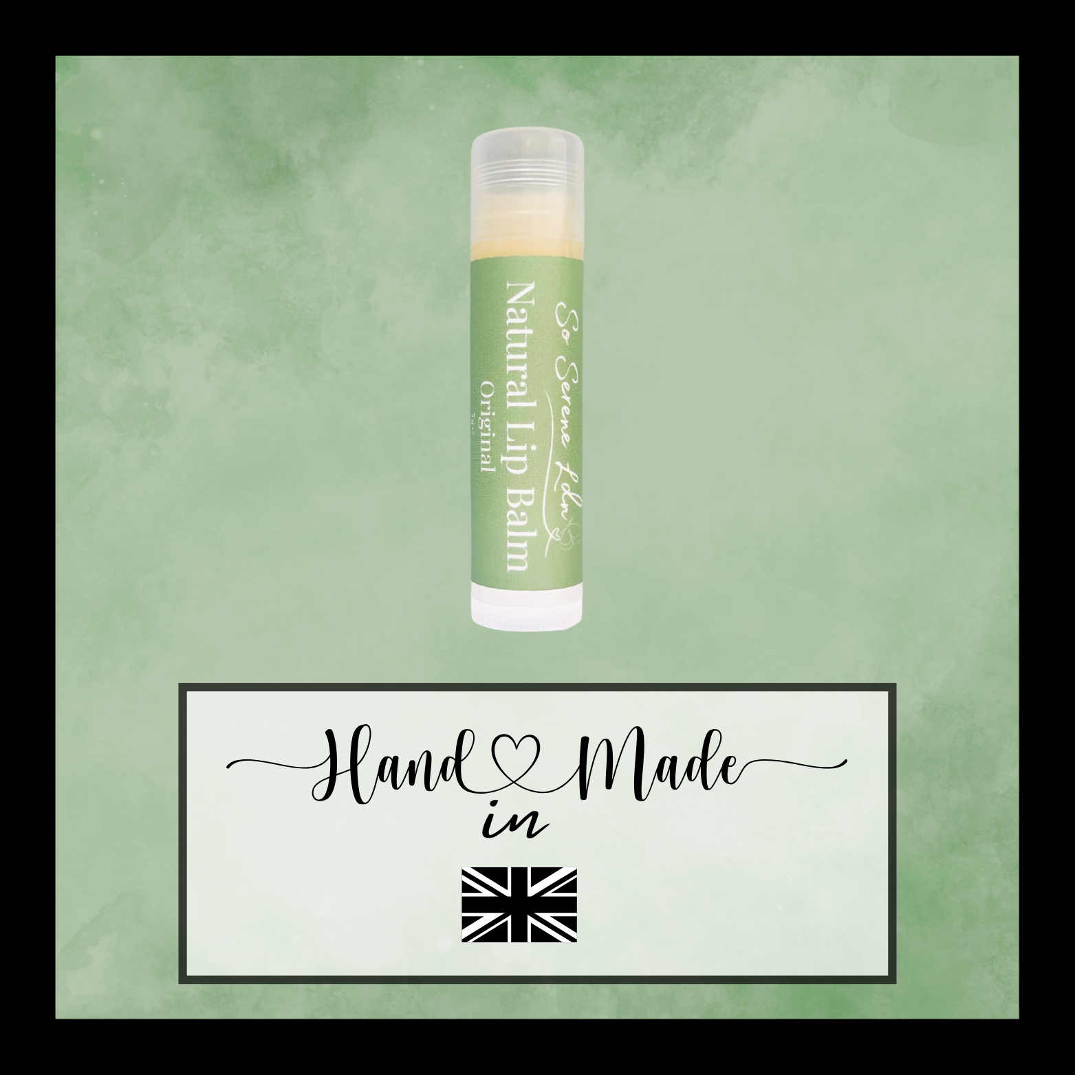 Lip balm with green packaging on a light green background, featuring 'Hand Made in UK' text.