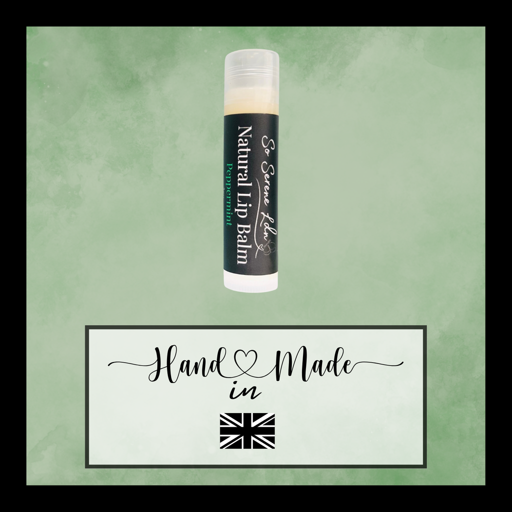 Lip balm with a label on a green background, featuring 'Hand Made in' text and a British flag.