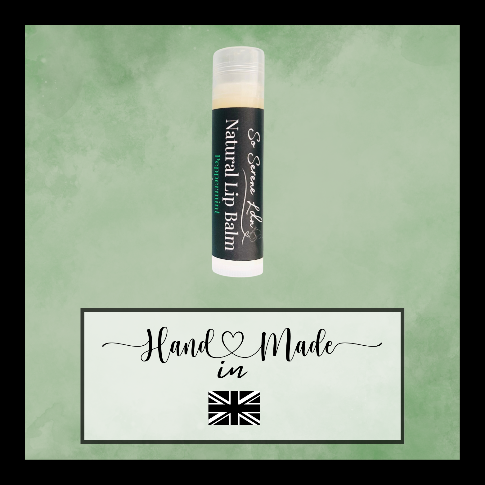 Lip balm with a label on a green background, featuring 'Hand Made in' text and a British flag.