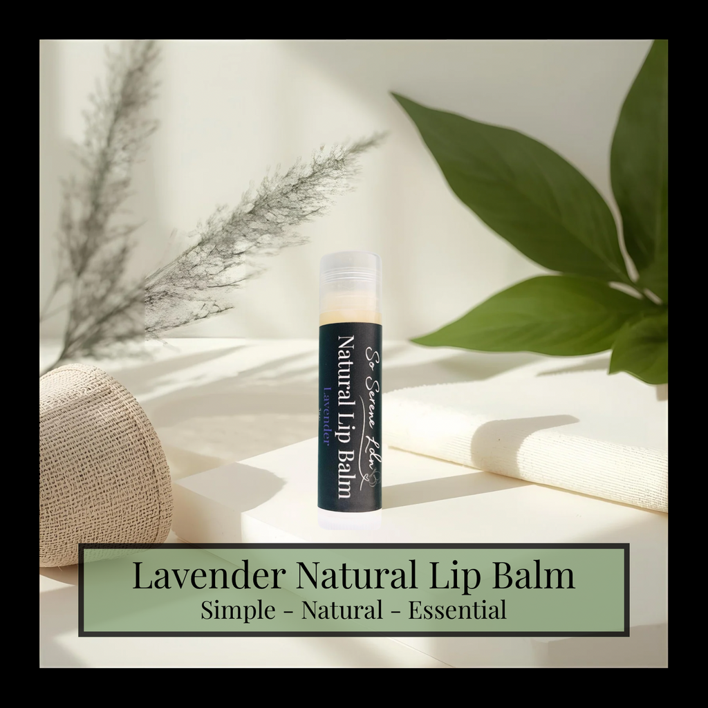 Lavender natural lip balm on a light surface with green leaves and a woven object in the background.