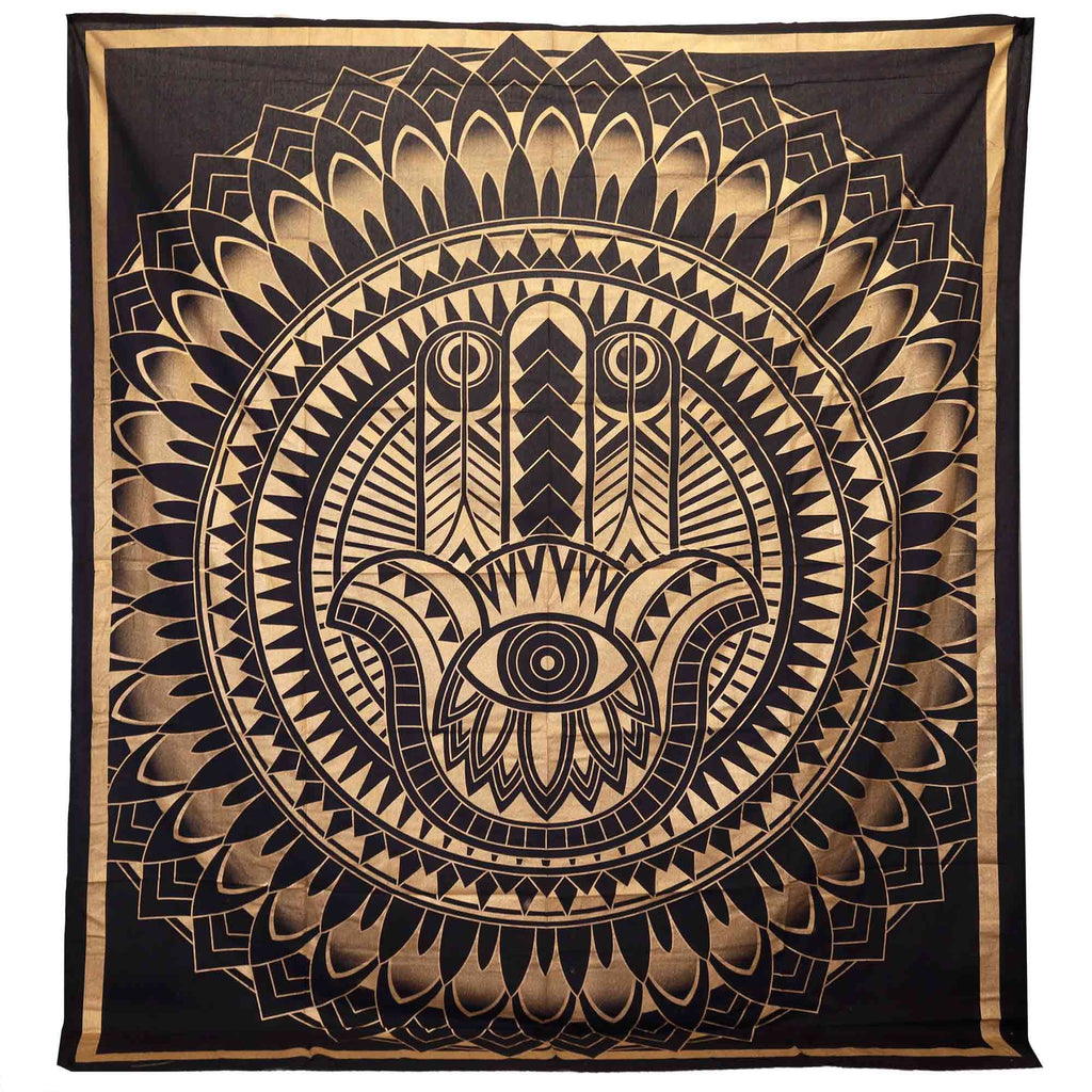 Double Cotton Bedspread/Wall Hanging - Hamsa - Black Gold