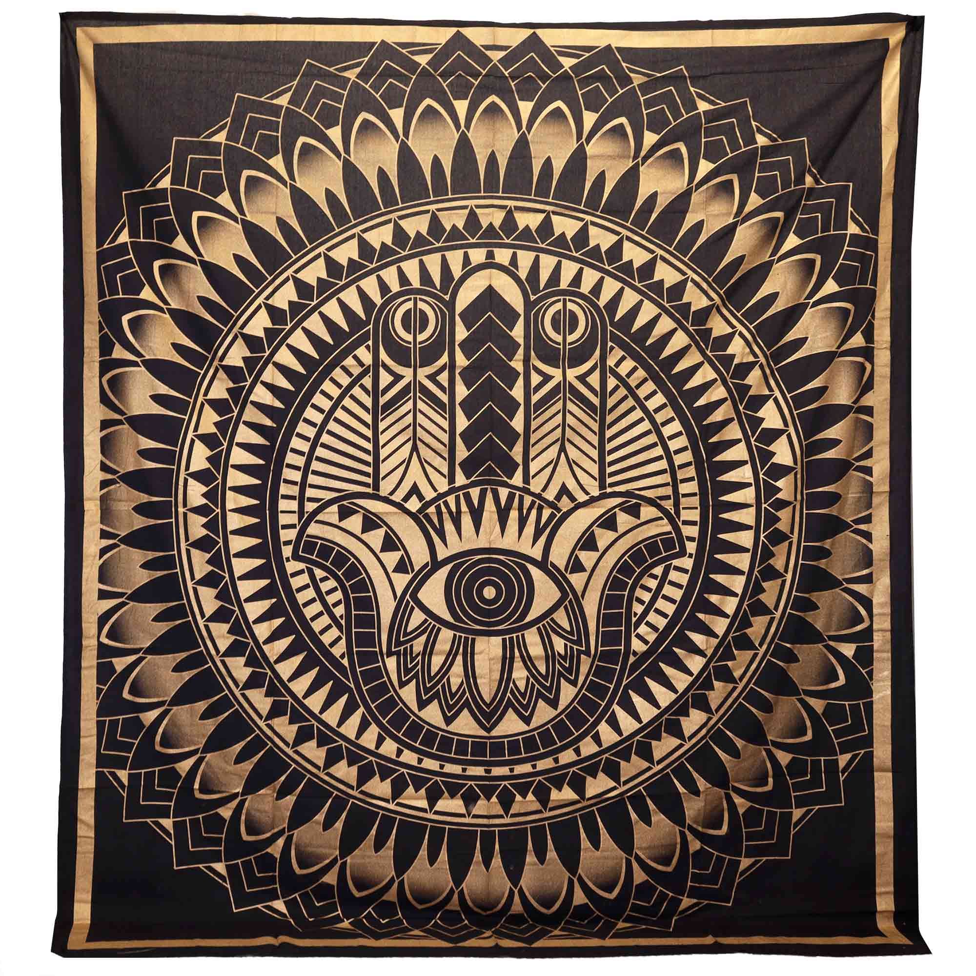 Double Cotton Bedspread/Wall Hanging - Hamsa - Black Gold