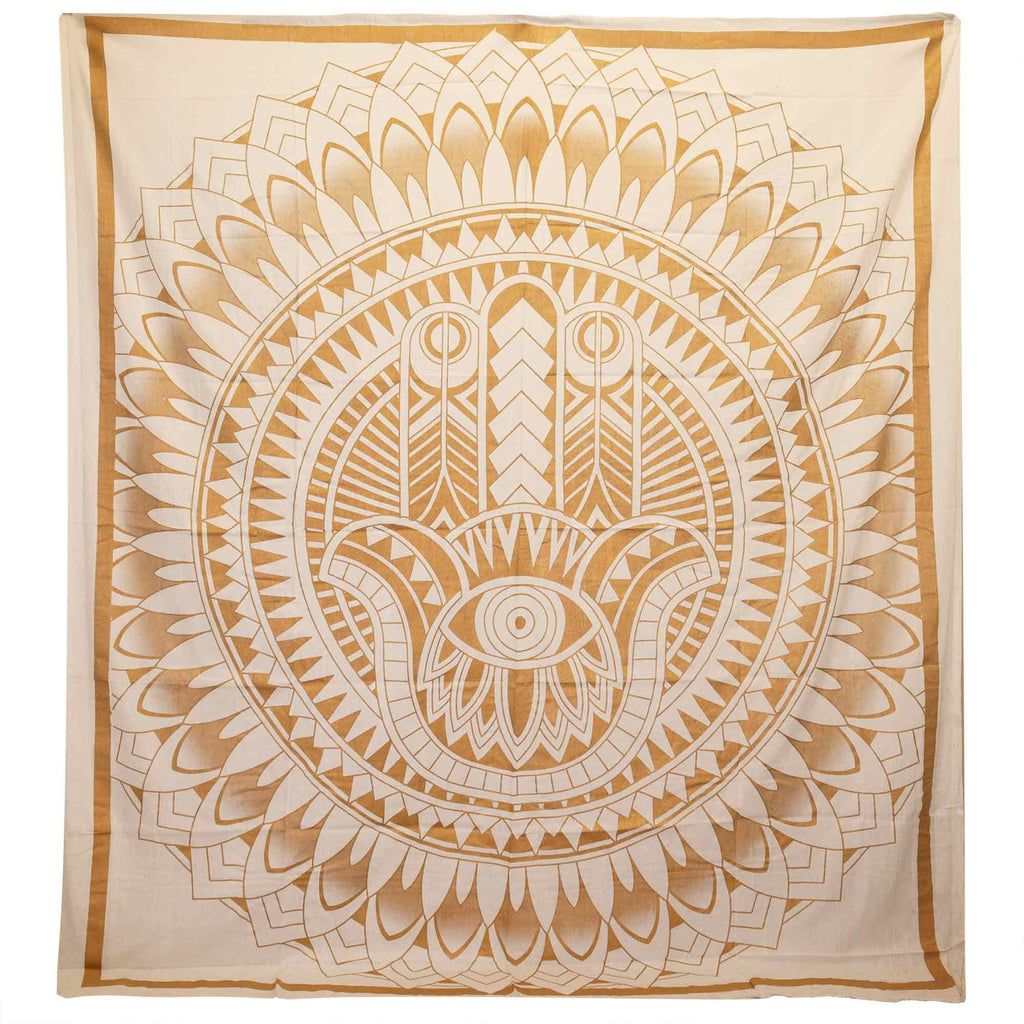 Double Cotton Bedspread/Wall Hanging - Hamsa - White Gold