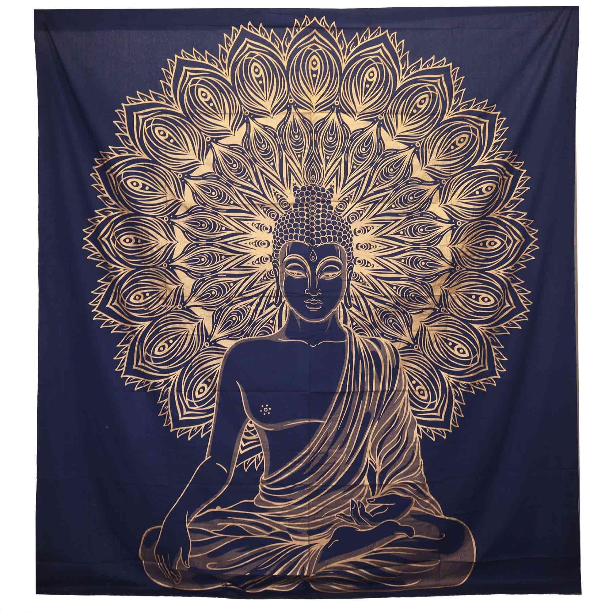 Double Cotton Bedspread/Wall Hanging - Buddha - Blue Gold