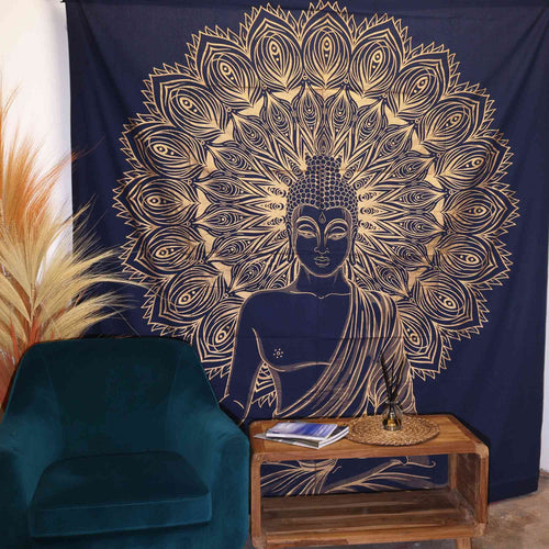 Double Cotton Bedspread/Wall Hanging - Buddha - Blue Gold