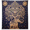 Double Cotton Bedspread/Wall Hanging - Elephant & Tree - Blue Gold