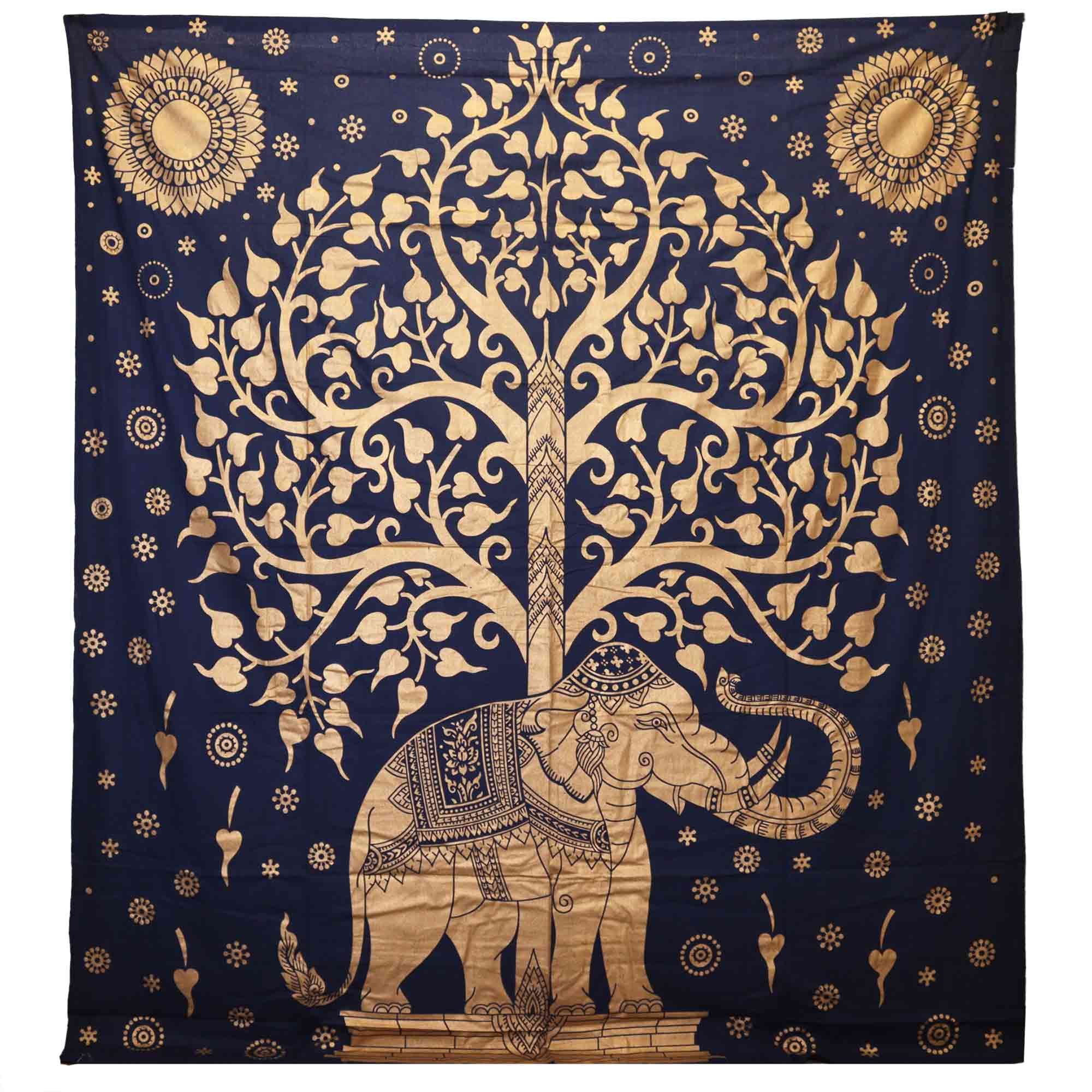 Double Cotton Bedspread/Wall Hanging - Elephant & Tree - Blue Gold